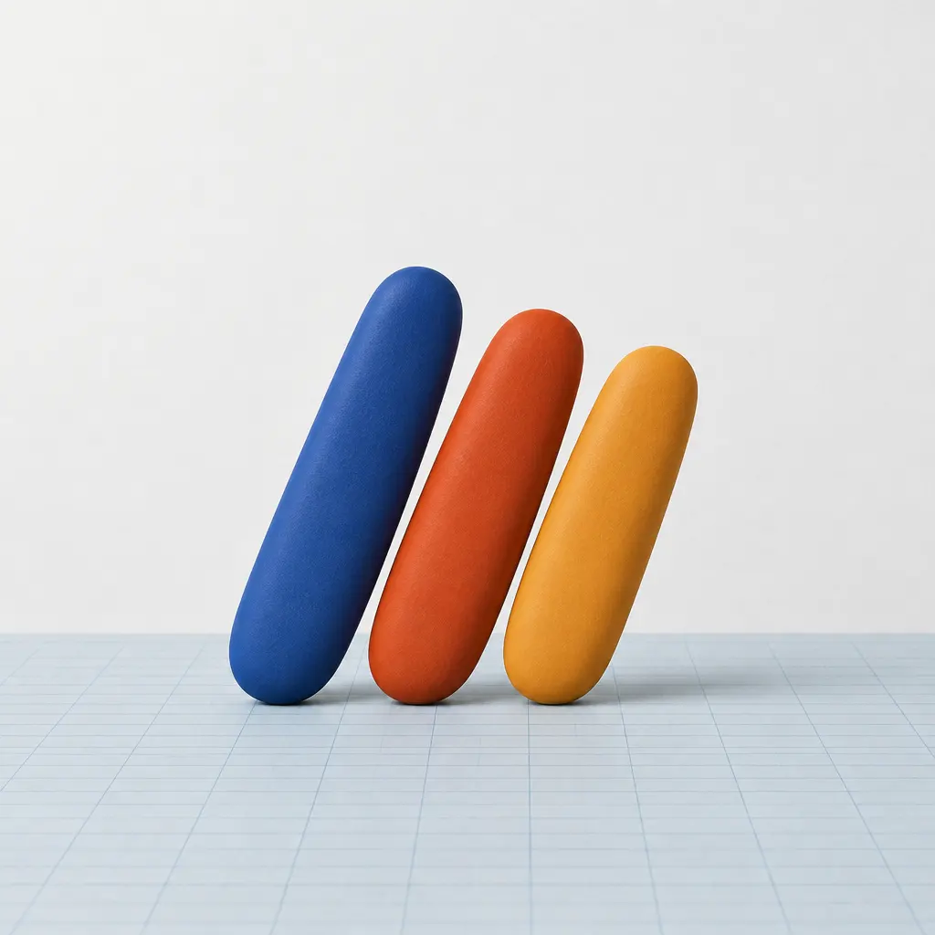 Three matte forms in royal blue, red-orange and amber leaning together on a ledger grid
