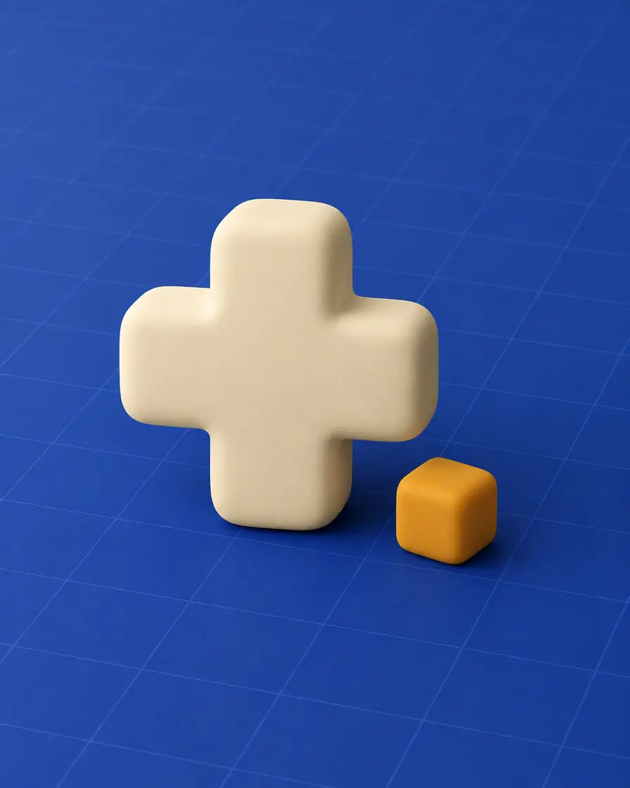 A soft cream cross form beside a small amber block on a royal blue grid