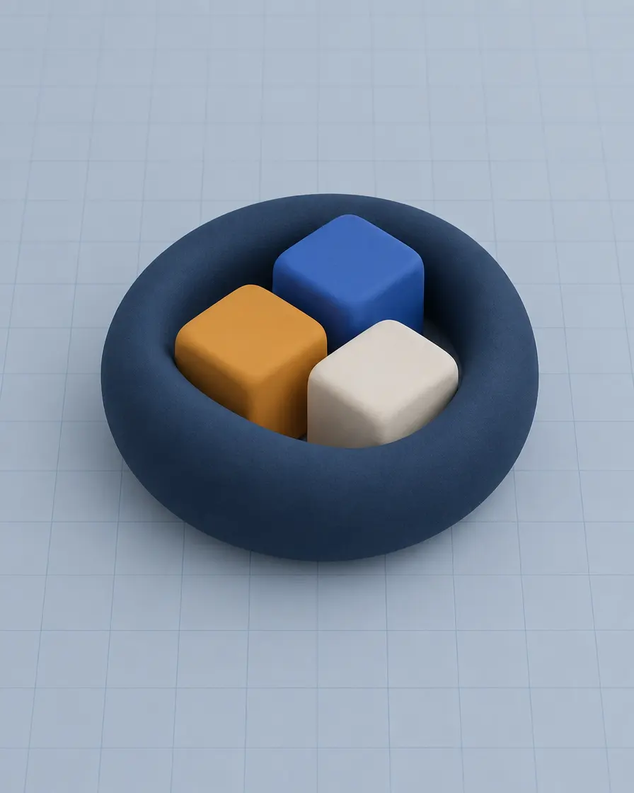 A soft navy ring holding three small blocks in royal blue, amber and cream on a pale blue grid