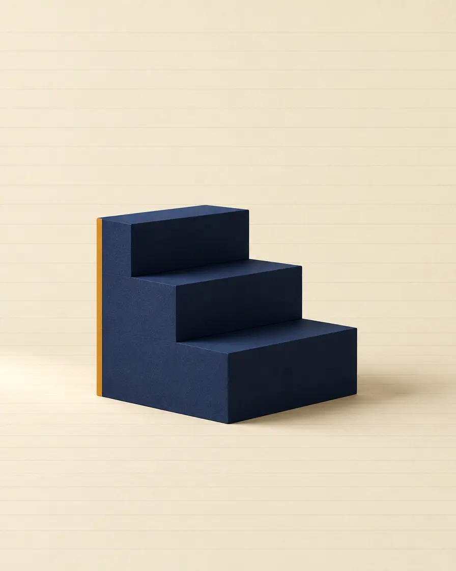 A stepped navy block with an amber edge on cream ledger paper