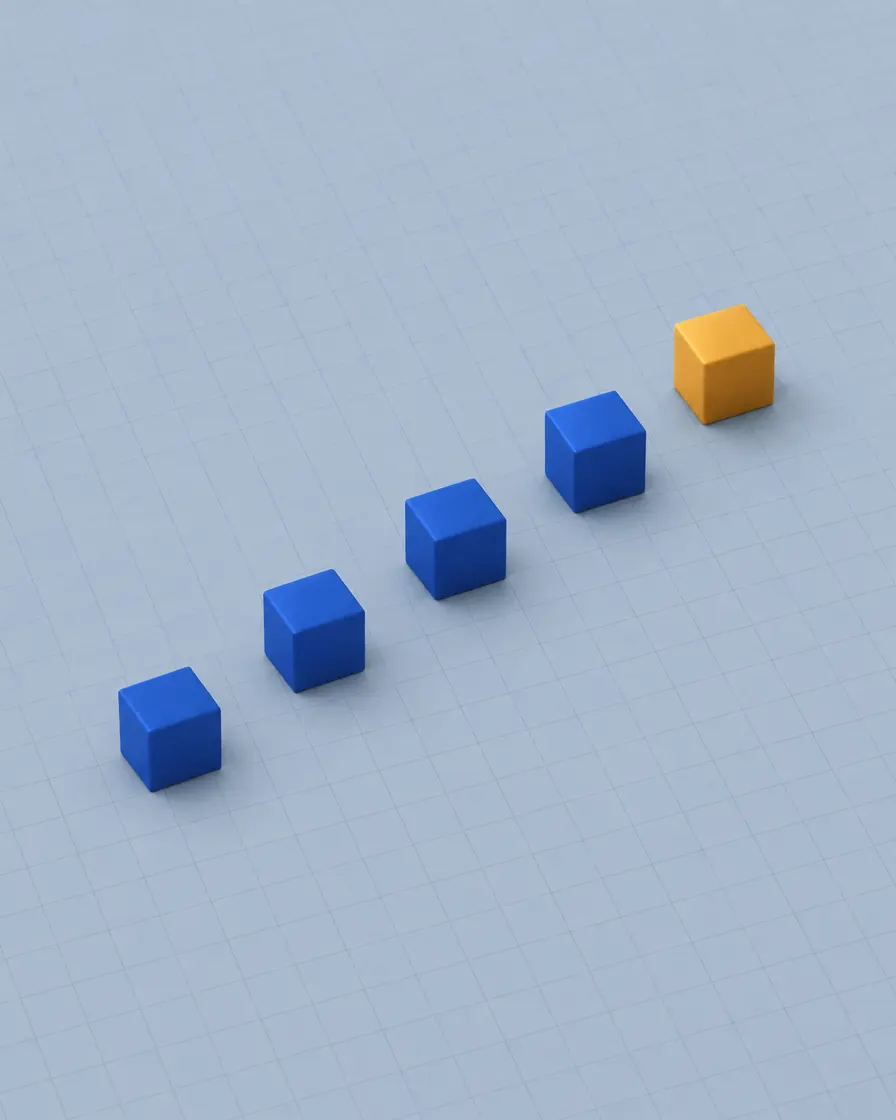 Five small blocks rising in a diagonal on a pale blue grid, the last one amber