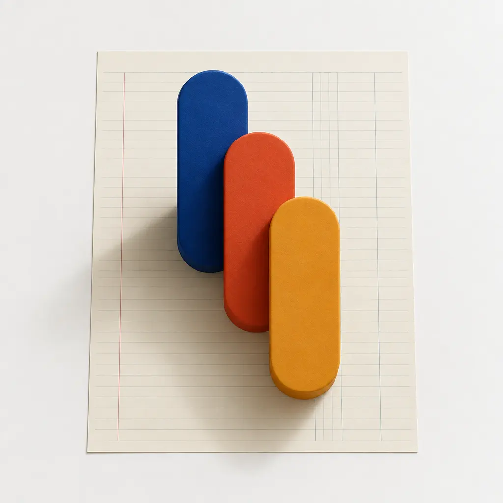 Three rounded blocks in royal blue, red-orange and amber standing on a sheet of ledger paper